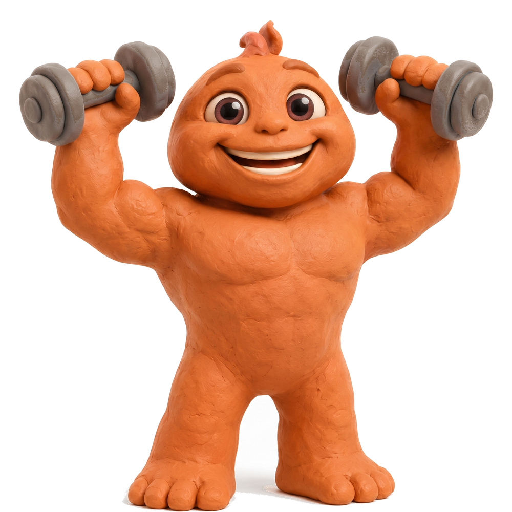 Claymate lifting a clay dumbbell overhead